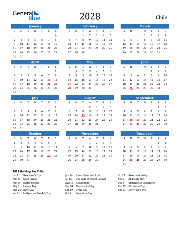 Chile 2028 Calendar with Holidays