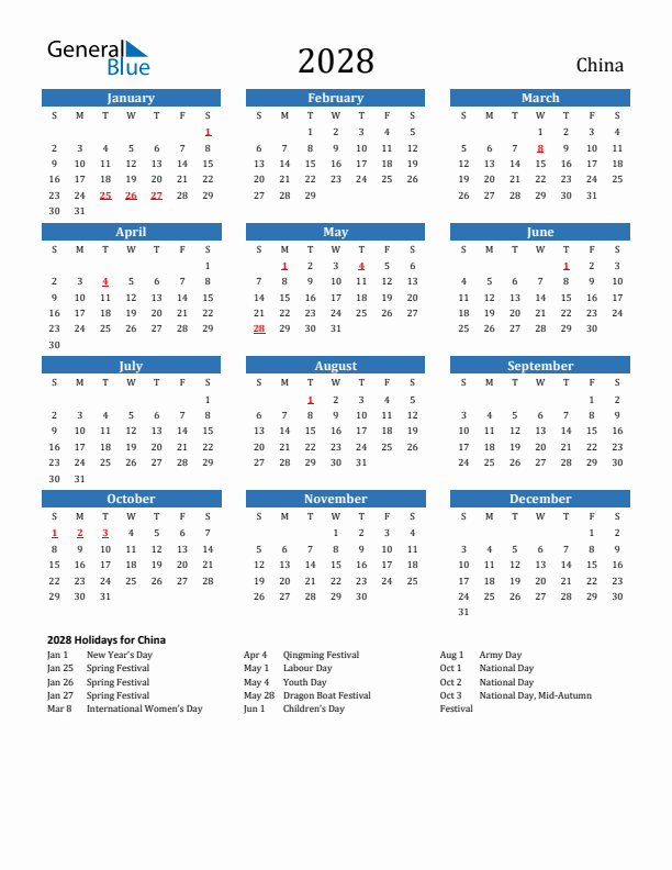 China 2028 Calendar with Holidays