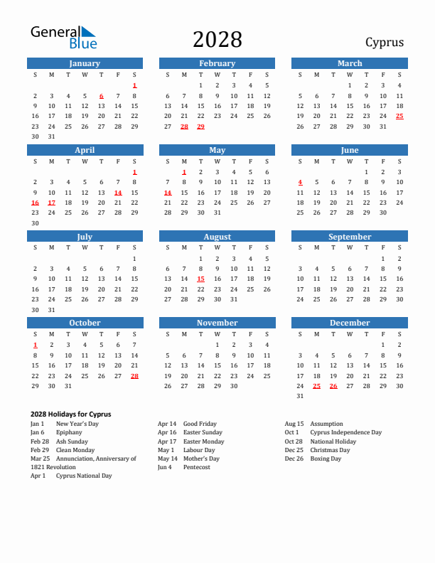 Cyprus 2028 Calendar with Holidays