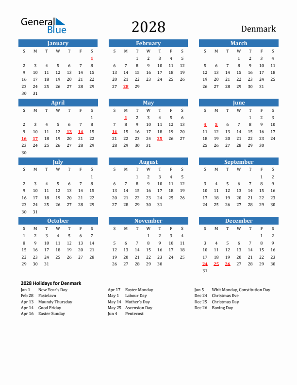 Denmark 2028 Calendar with Holidays