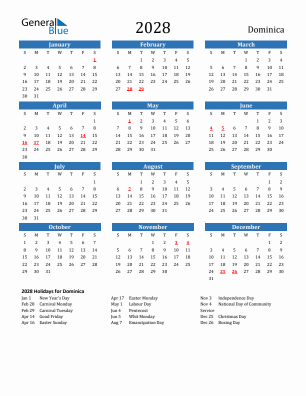 Dominica 2028 Calendar with Holidays