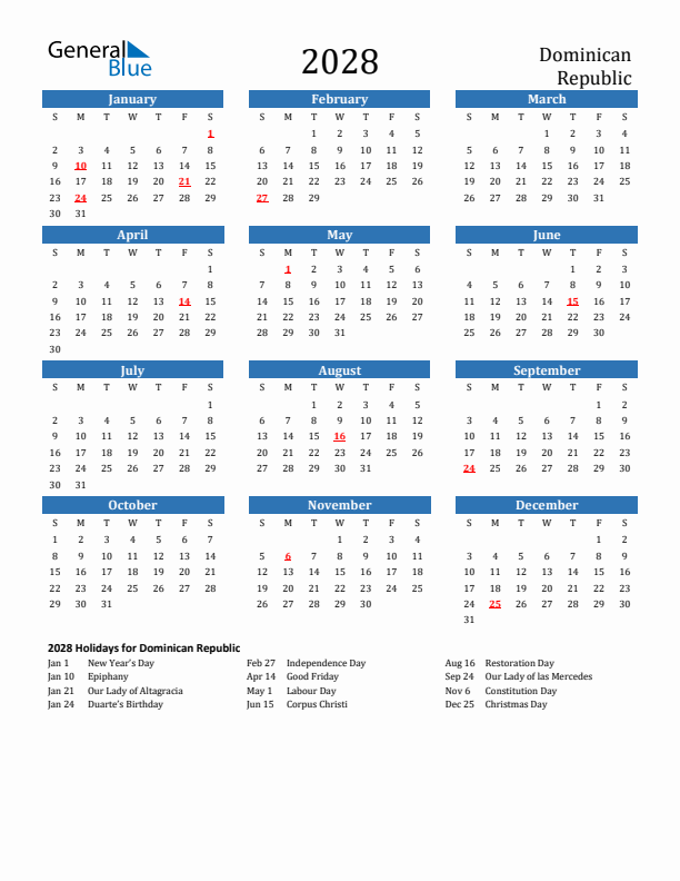 Dominican Republic 2028 Calendar with Holidays