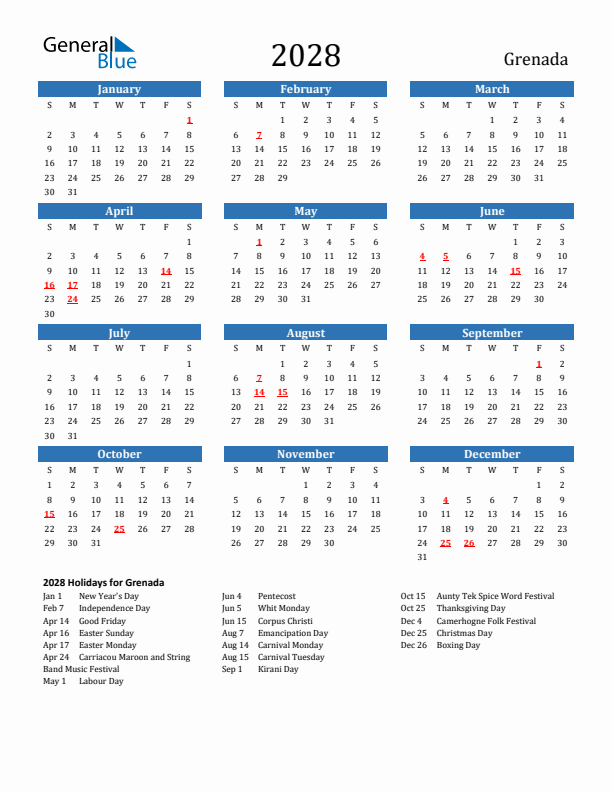 Grenada 2028 Calendar with Holidays