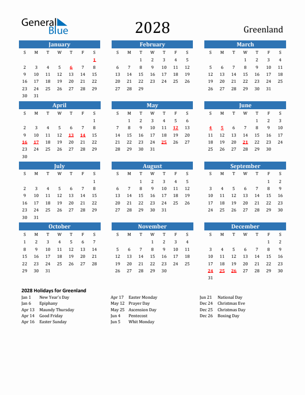 Greenland 2028 Calendar with Holidays