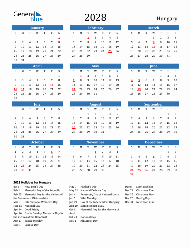 Hungary 2028 Calendar with Holidays