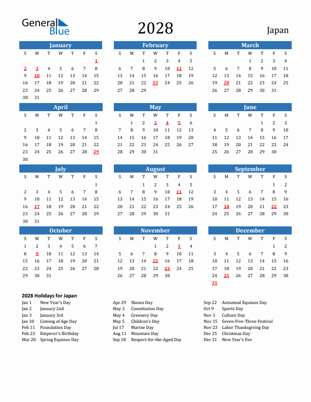 Japan 2028 Calendar with Holidays