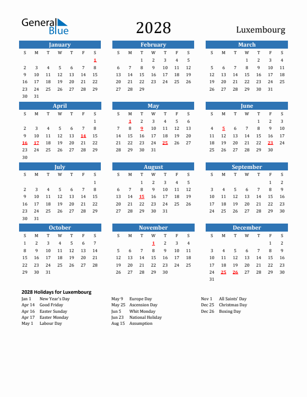 Luxembourg 2028 Calendar with Holidays