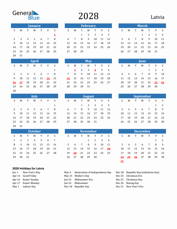 Latvia 2028 Calendar with Holidays