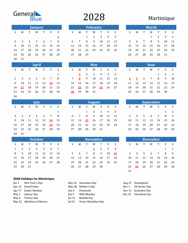 Martinique 2028 Calendar with Holidays