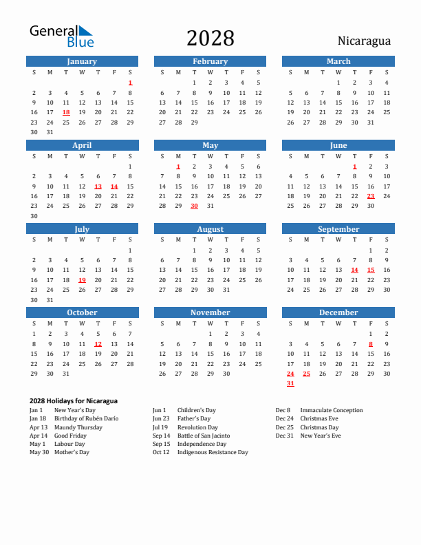 Nicaragua 2028 Calendar with Holidays