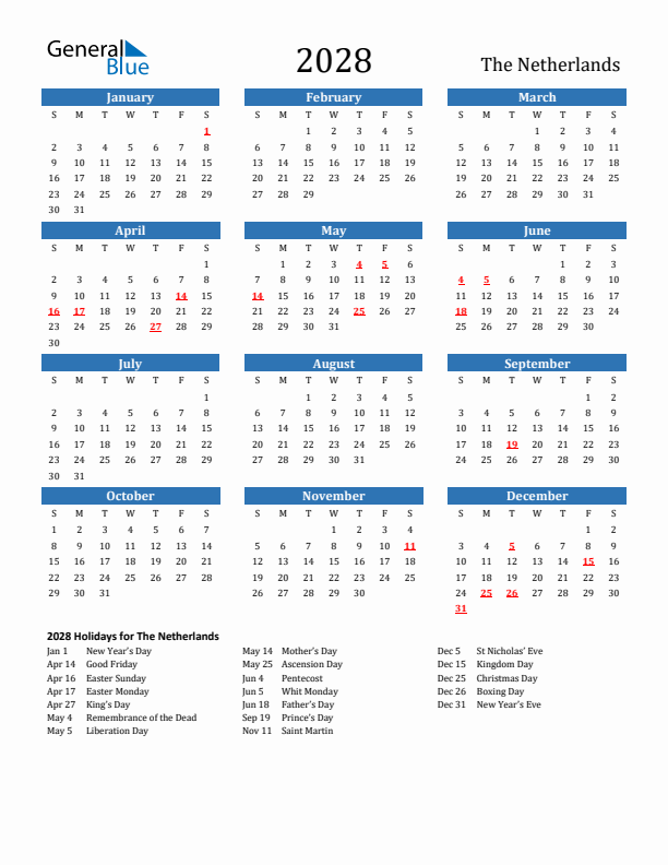 The Netherlands 2028 Calendar with Holidays