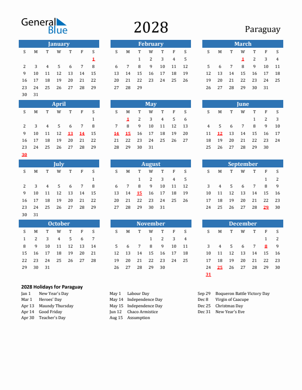 Paraguay 2028 Calendar with Holidays