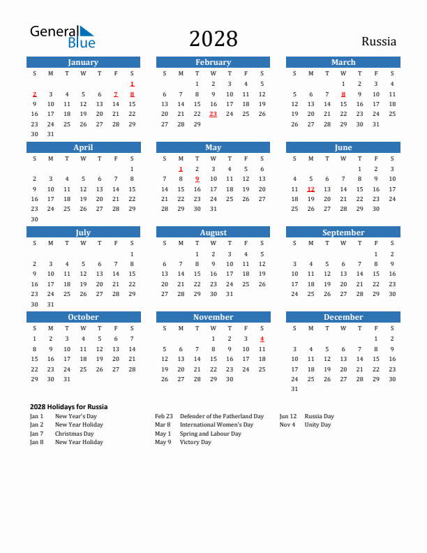 Russia 2028 Calendar with Holidays