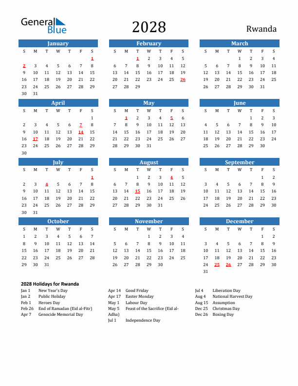 Rwanda 2028 Calendar with Holidays