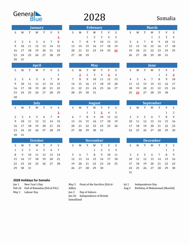 Somalia 2028 Calendar with Holidays