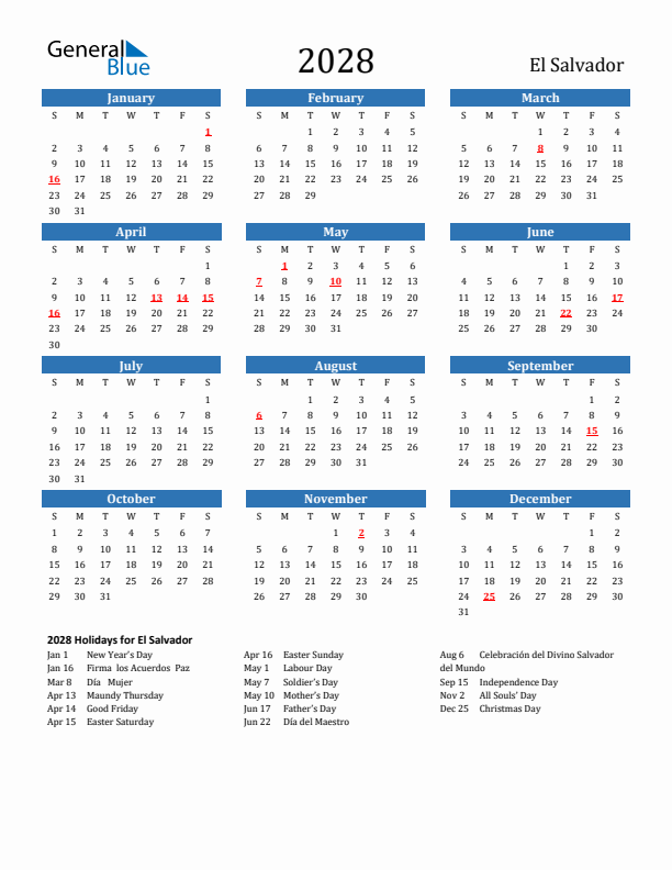 El Salvador 2028 Calendar with Holidays