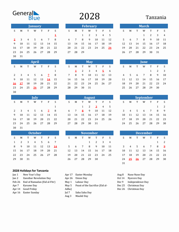 Tanzania 2028 Calendar with Holidays