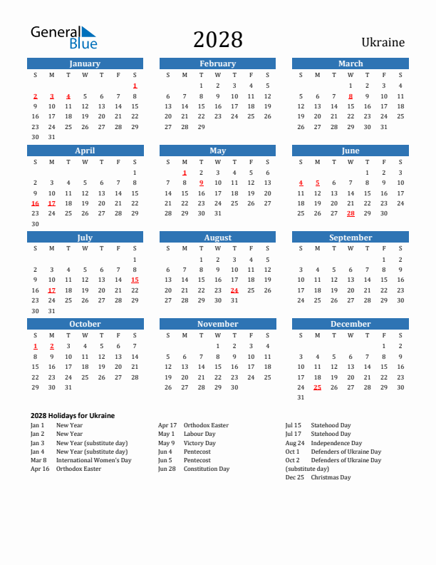 Ukraine 2028 Calendar with Holidays