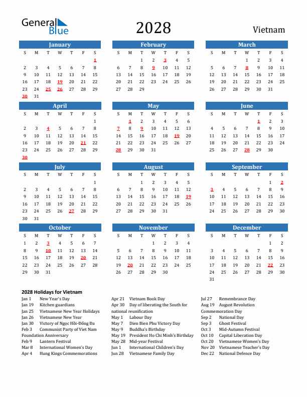 Vietnam 2028 Calendar with Holidays