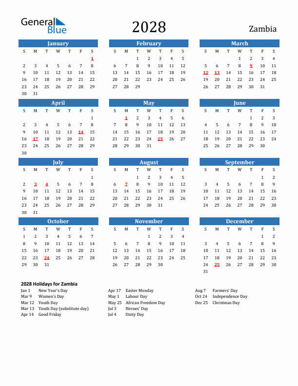 Zambia 2028 Calendar with Holidays