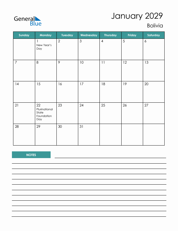 Calendar with Notes Printable - Sunday Start