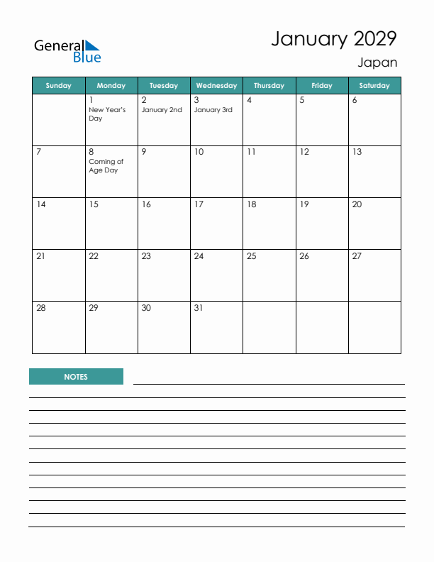 Calendar with Notes Printable - Sunday Start