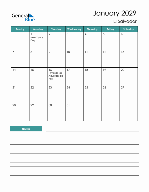 Calendar with Notes Printable - Sunday Start