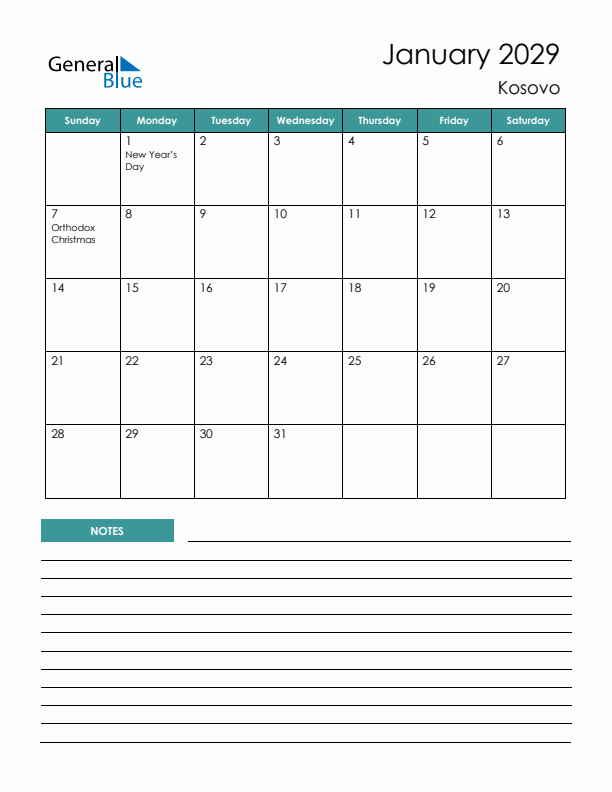 Calendar with Notes Printable - Sunday Start