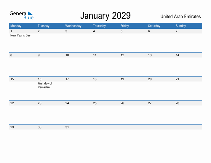 Fillable January 2029 Calendar