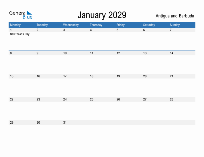 Fillable January 2029 Calendar