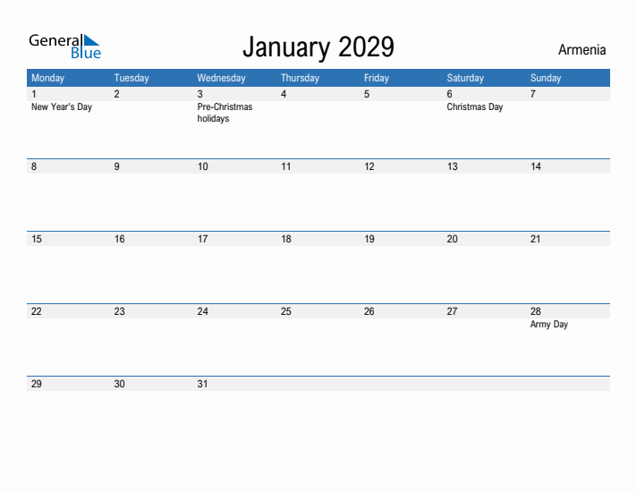 Fillable January 2029 Calendar