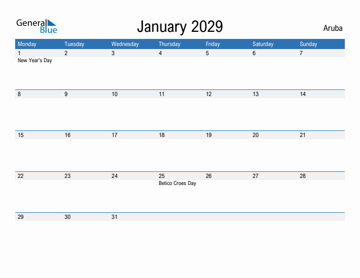 Fillable January 2029 Calendar