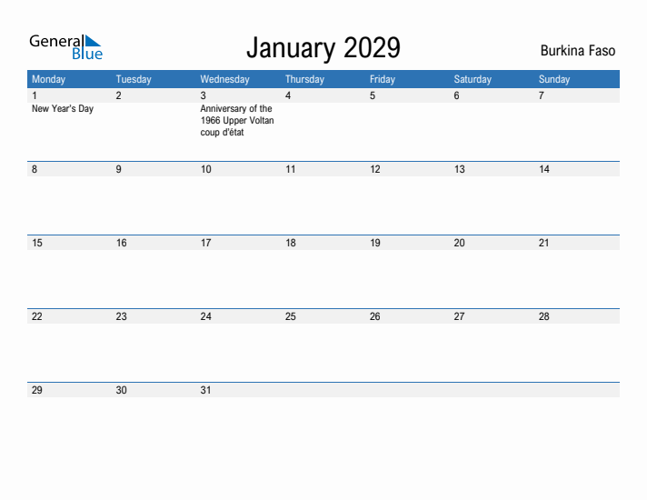 Fillable January 2029 Calendar