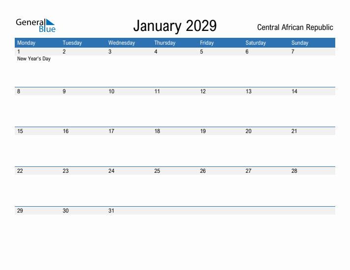 Fillable January 2029 Calendar