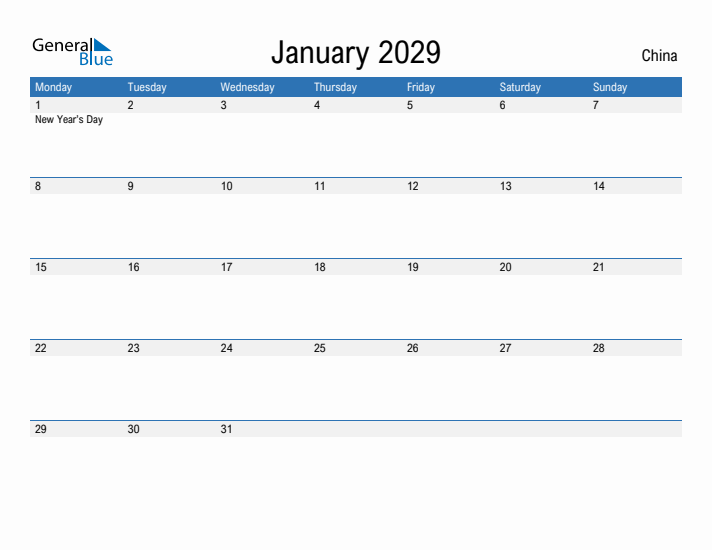 Fillable January 2029 Calendar