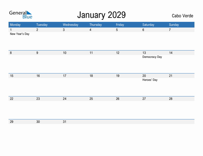 Fillable January 2029 Calendar