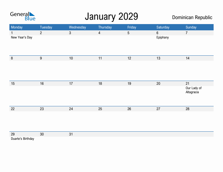 Fillable January 2029 Calendar