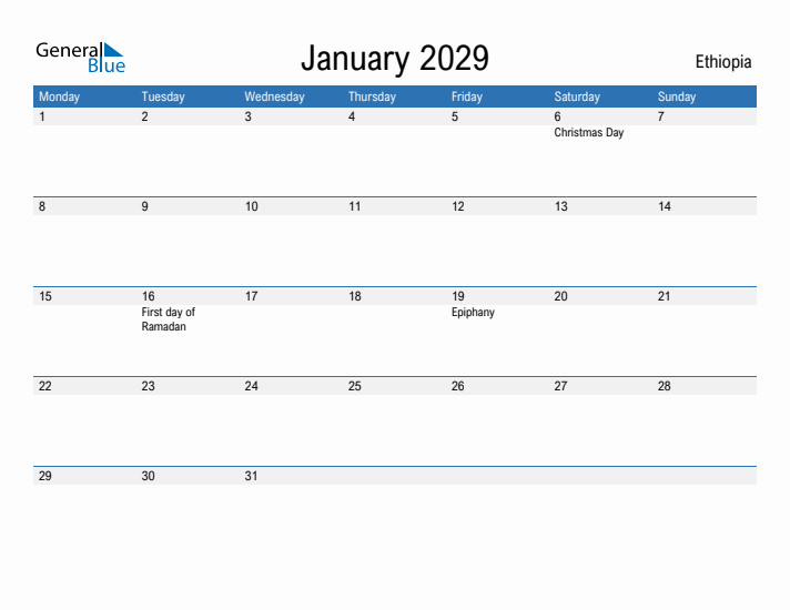 Fillable January 2029 Calendar