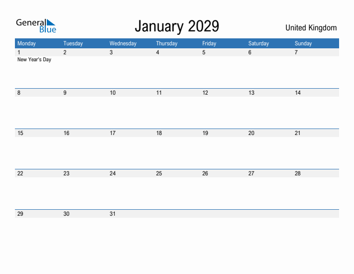 Fillable January 2029 Calendar