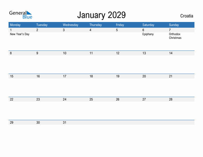 Fillable January 2029 Calendar