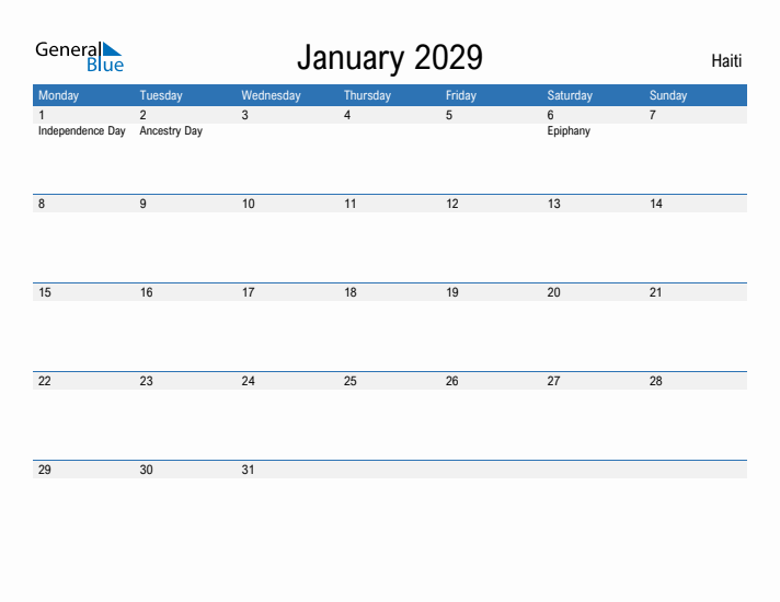 Fillable January 2029 Calendar