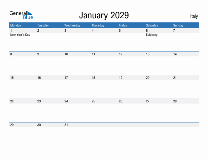 Fillable January 2029 Calendar