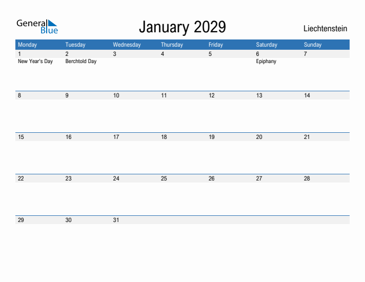 Fillable January 2029 Calendar