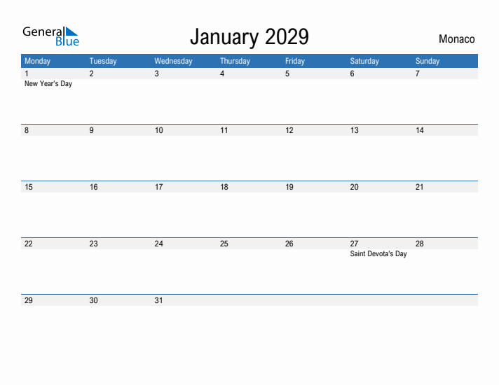 Fillable January 2029 Calendar