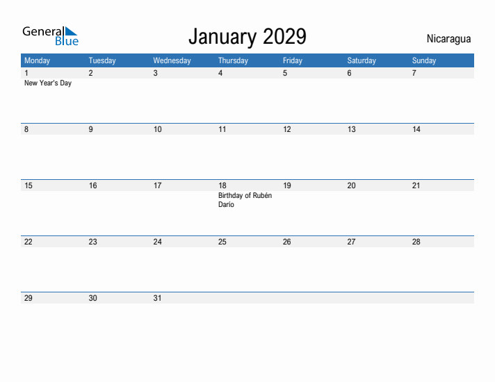 Fillable January 2029 Calendar