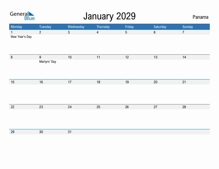 Fillable January 2029 Calendar