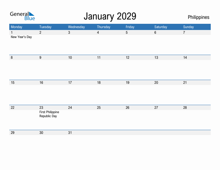 Fillable January 2029 Calendar