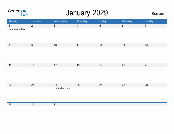 Fillable January 2029 Calendar