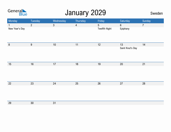 Fillable January 2029 Calendar