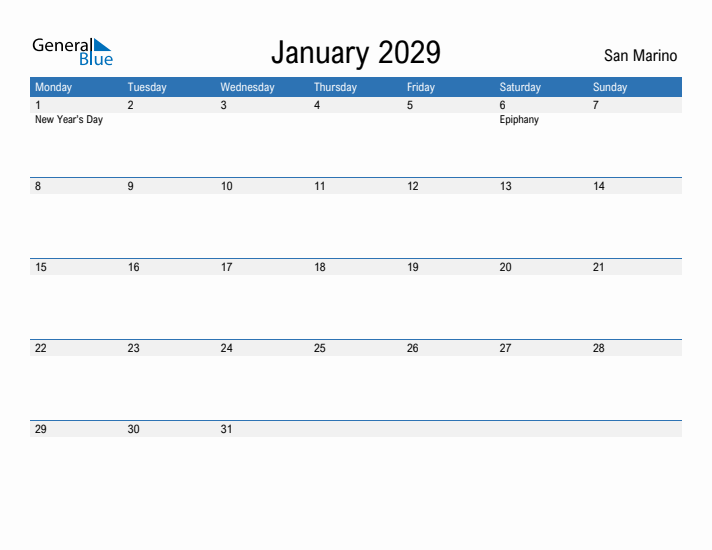 Fillable January 2029 Calendar